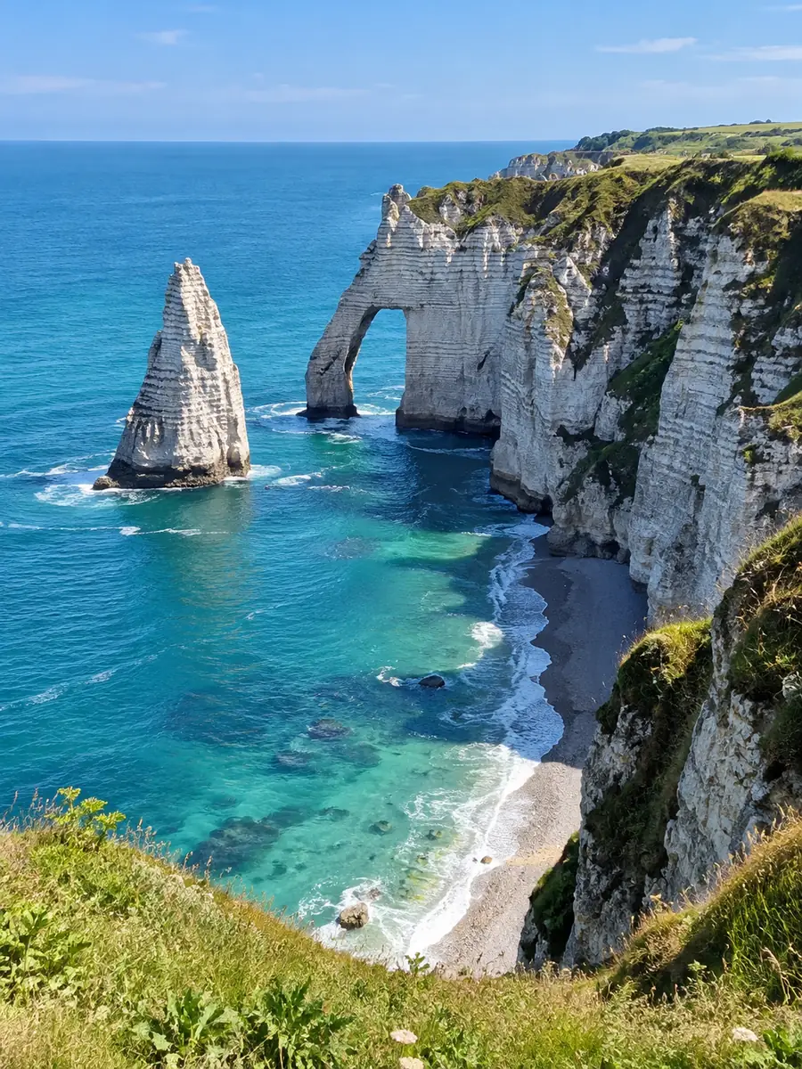 Die Felsnadel Aiguille neben dem Felsbogen Porte d'Aval, gesehen von der grasbewachsenen Klippe über türkisfarbenem Wasser